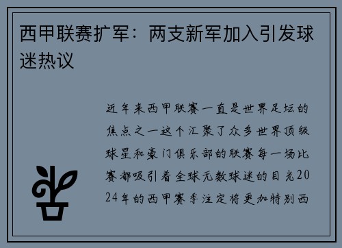西甲联赛扩军：两支新军加入引发球迷热议